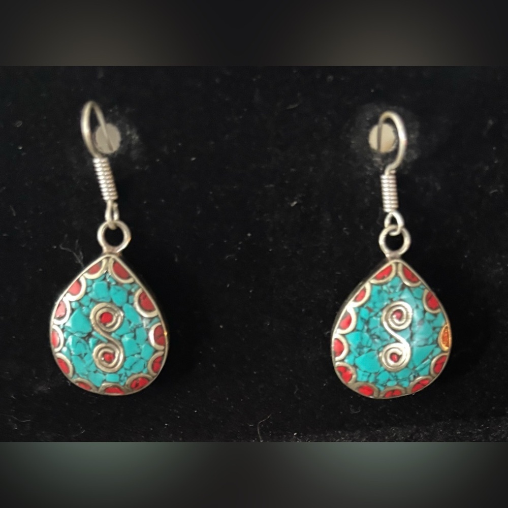 Turquoise and Red Teardrop Earrings